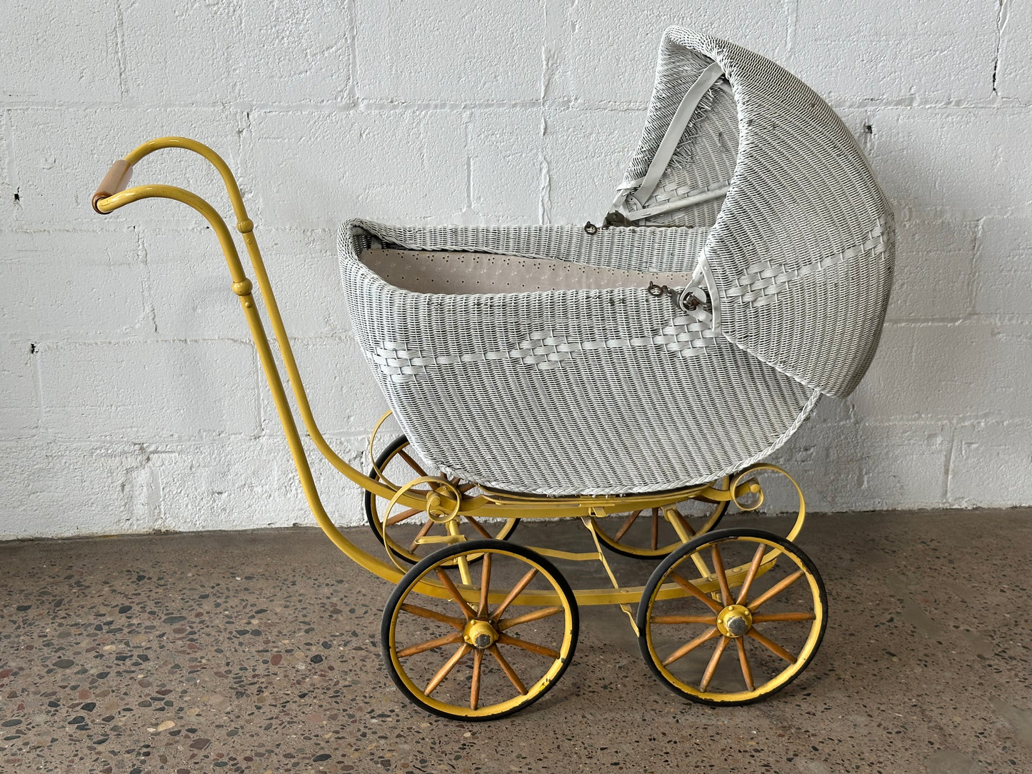 Yellow & White Wicker Pram