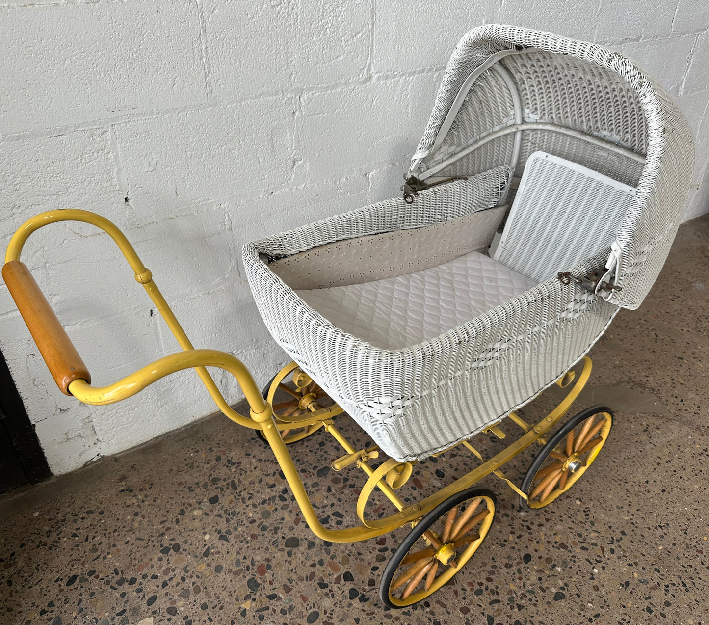Yellow & White Wicker Pram