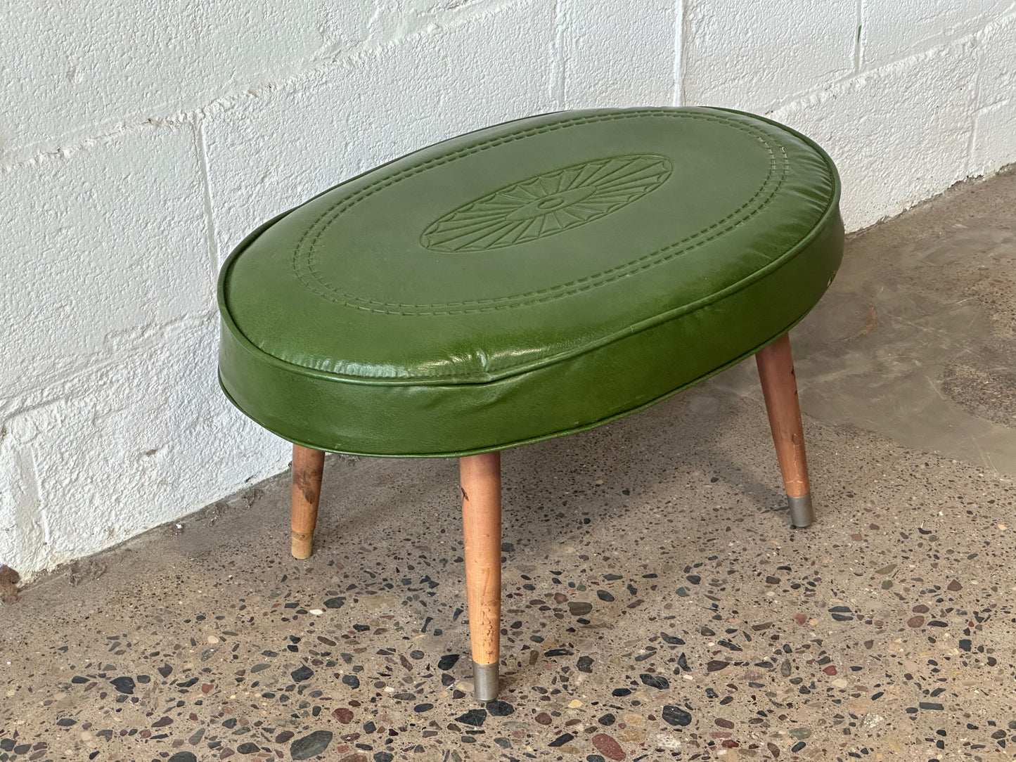 Carved Green Leather Oval Ottoman