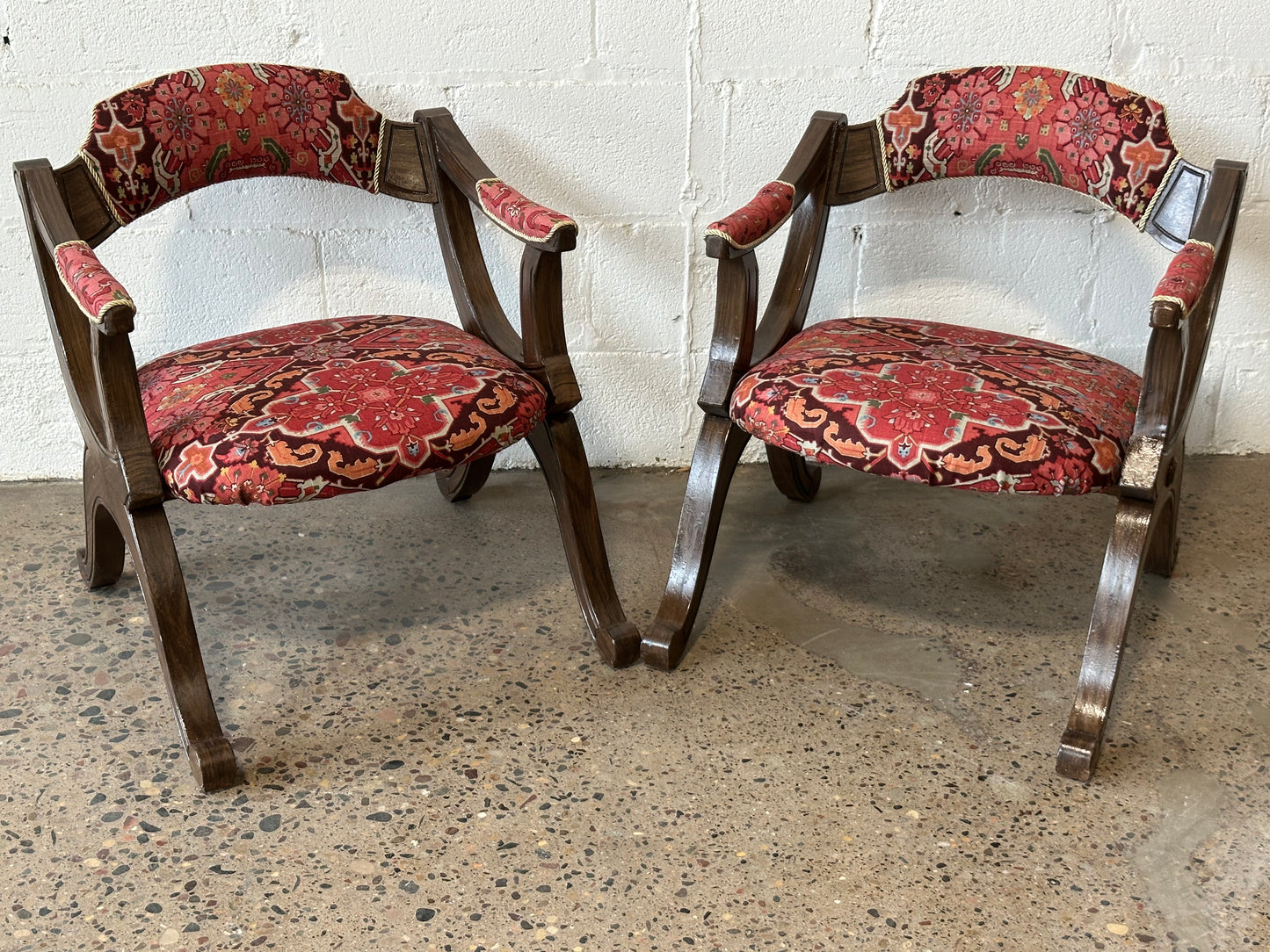 Red Brocade Tudor Chair- Pair