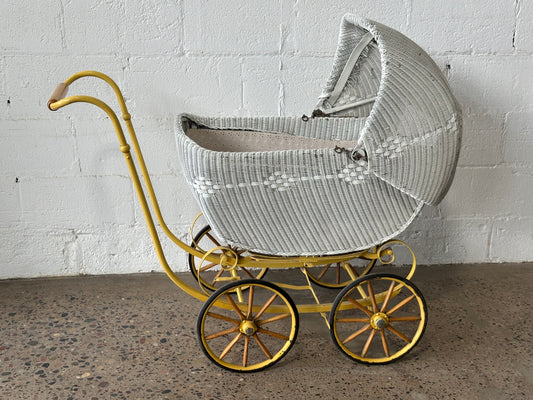Yellow & White Wicker Pram