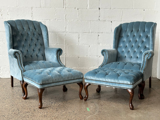 Blue Velvet Wingback Chair with Ottoman