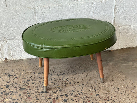 Carved Green Leather Oval Ottoman